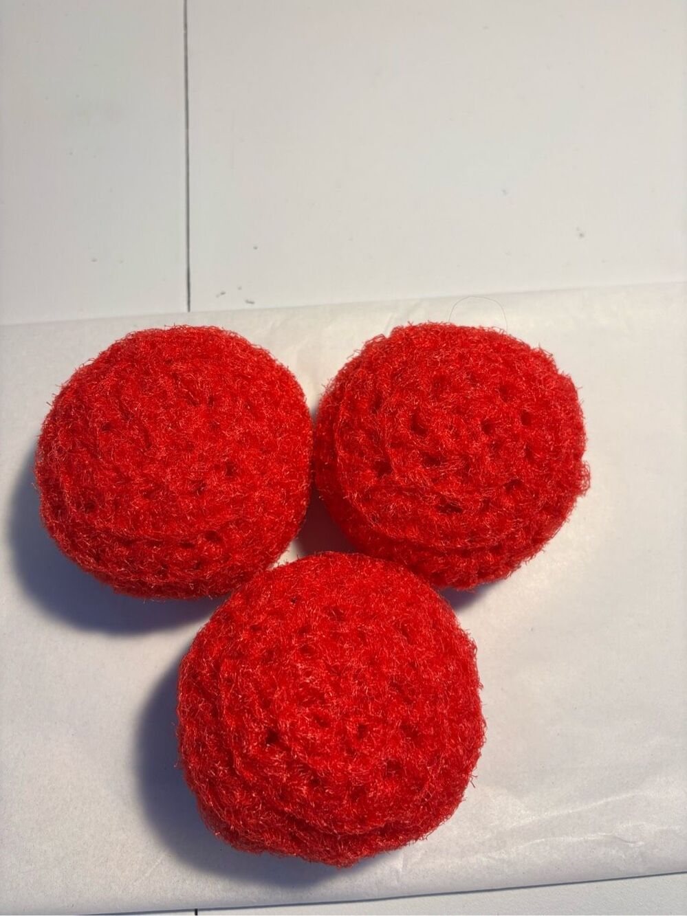 3 Handmade crocheted dish scrubbies made with premium nylon netting (red)